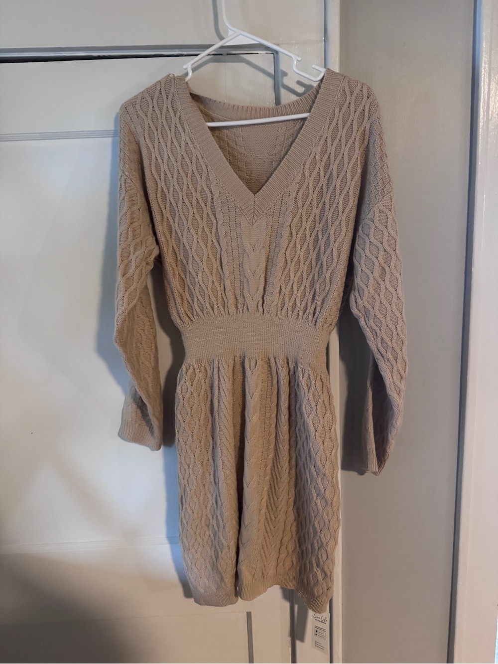 V-Neck Cable Knit Sweater Dress in Beige